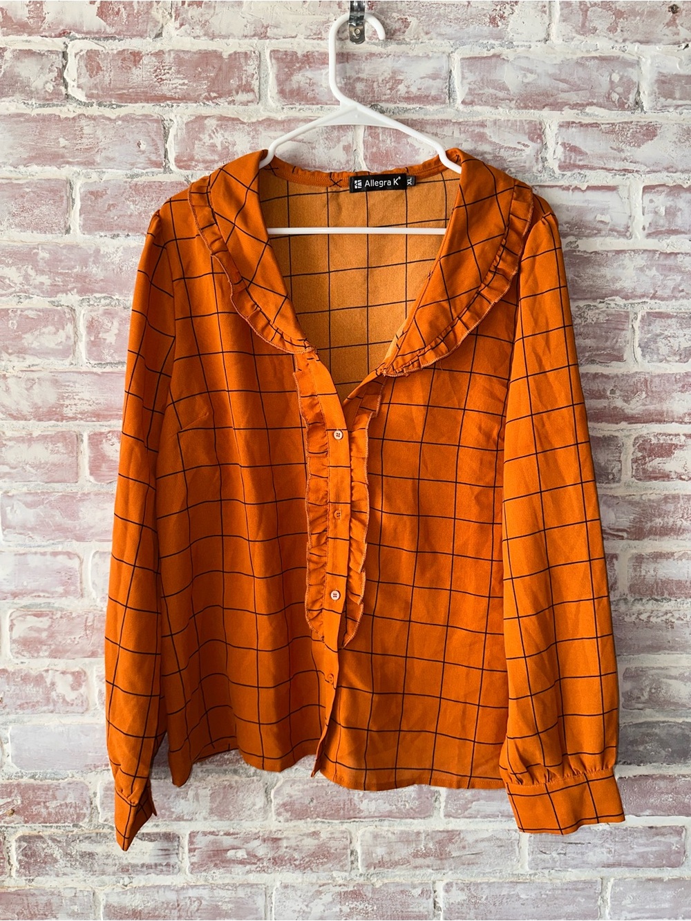 Allegra K Orange Windowpane Ruffle-Trim Button Blouse